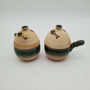 2 Hand Painted Green Japanese Miso Fish Bowls with Lids